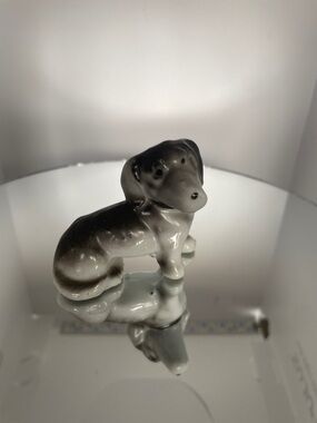 Porcelain Dachshund Figurine in Glossy White and Gray